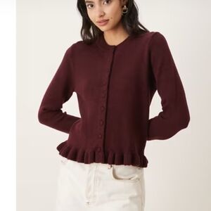Mango Ruffle Knit Cardigan In Wine M NWT